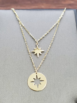 14K Solid Yellow Gold Two Star Charms with Cable Link Chain