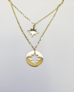 14K Solid Yellow Gold Two Star Charms with Cable Link Chain