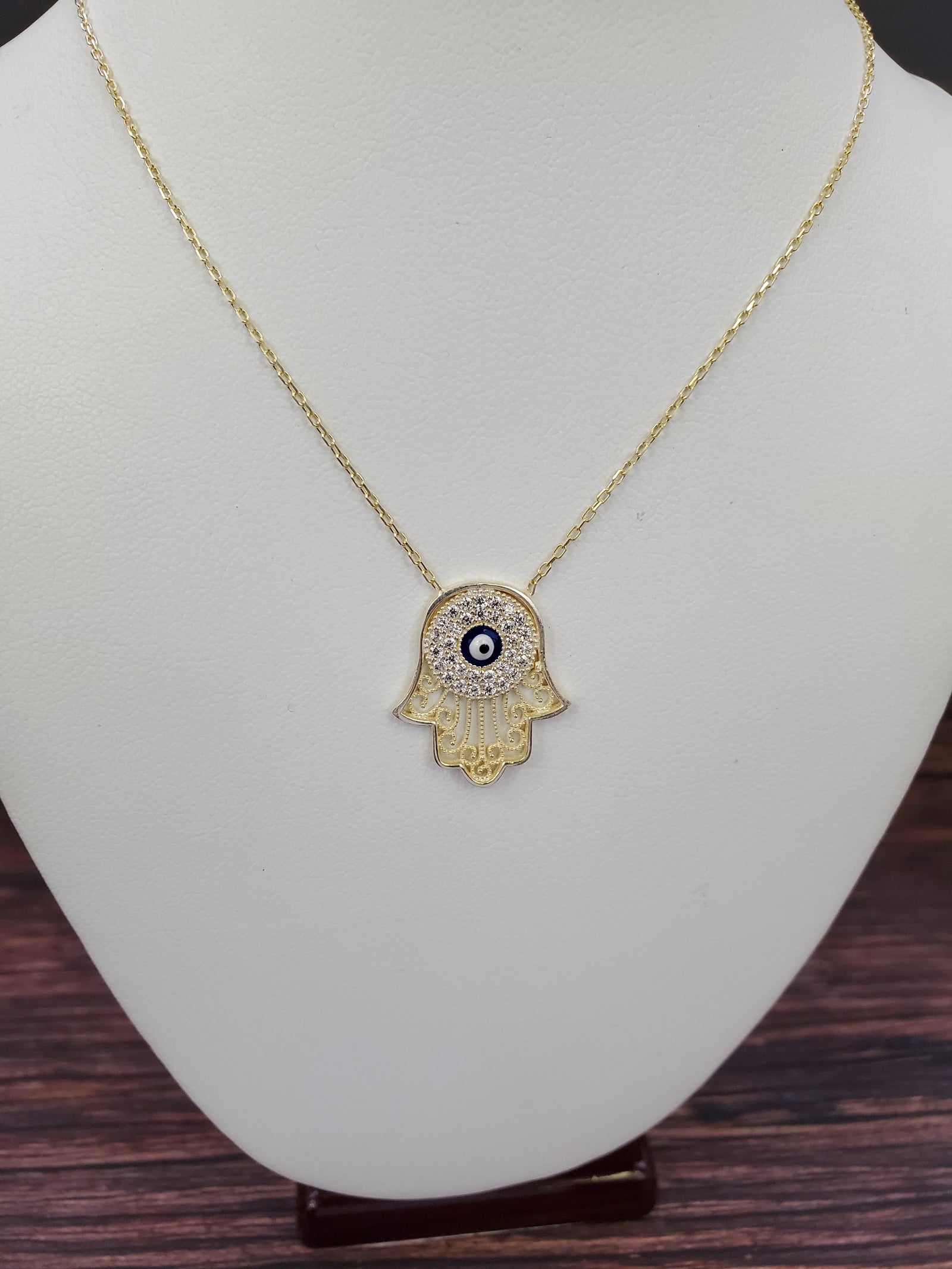 925 Sterling Silver Gold Hamsa Evil Eye CZ Charm Necklace