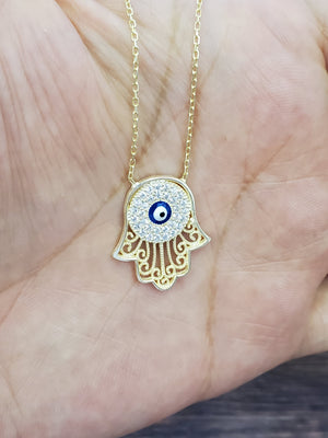 925 Sterling Silver Gold Hamsa Evil Eye Cz Charm Necklace 18"