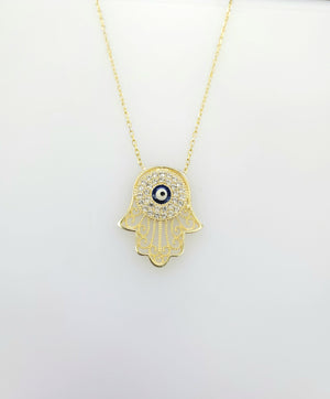 925 Sterling Silver Gold Hamsa Evil Eye Cz Charm Necklace 18"