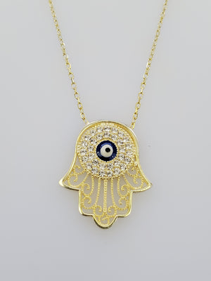 925 Sterling Silver Gold Hamsa Evil Eye Cz Charm Necklace 18"