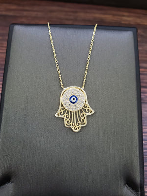 925 Sterling Silver Gold Hamsa Evil Eye Cz Charm Necklace 18"