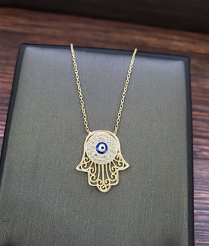 925 Sterling Silver Gold Hamsa Evil Eye Cz Charm Necklace 18"