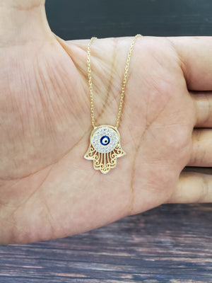 925 Sterling Silver Gold Hamsa Evil Eye Cz Charm Necklace 18"