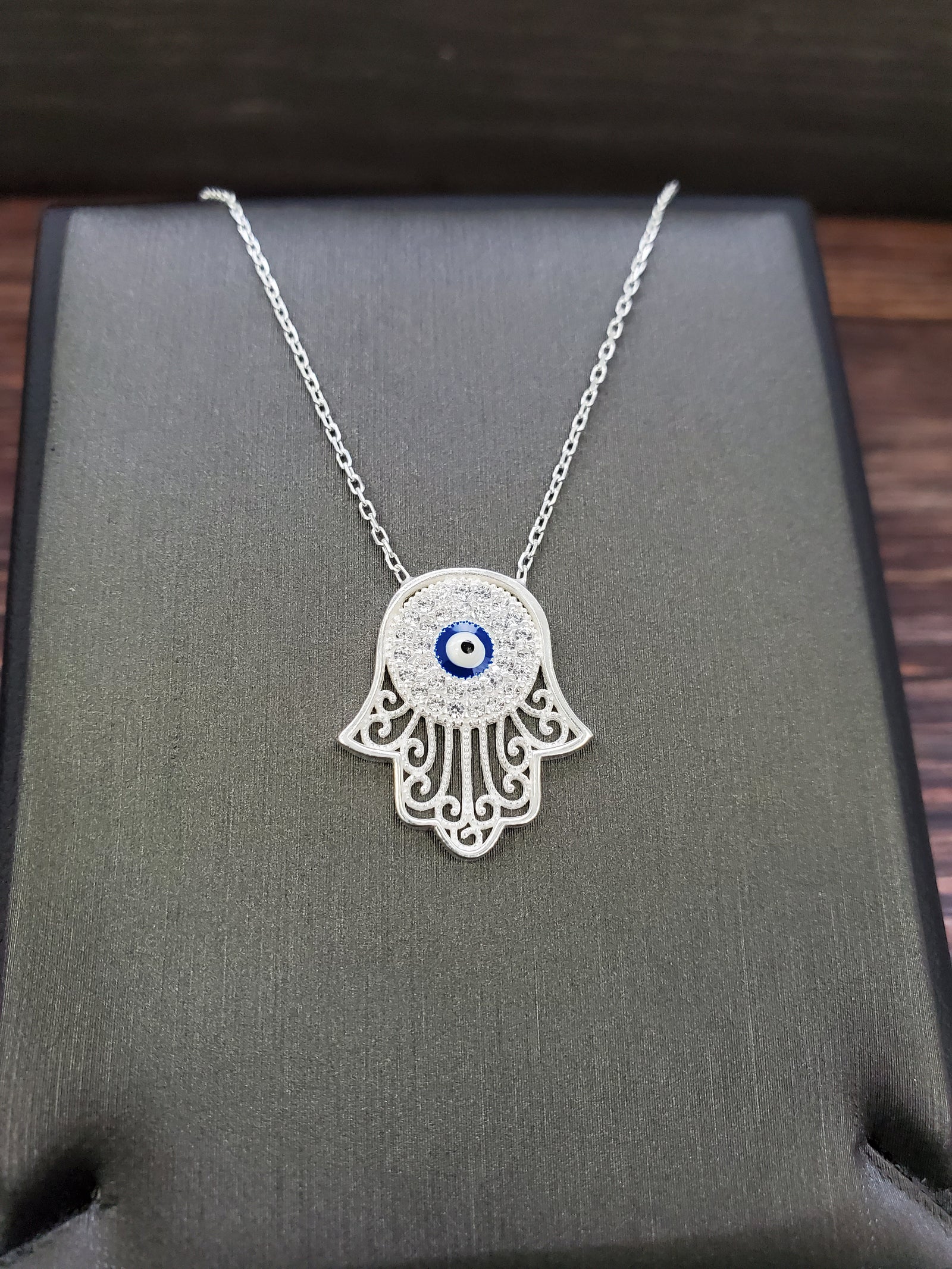 925 Sterling Silver Hamsa Evil Eye Cz Charm Necklace 17"