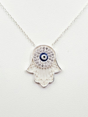 925 Sterling Silver Hamsa Evil Eye Cz Charm Necklace 17"