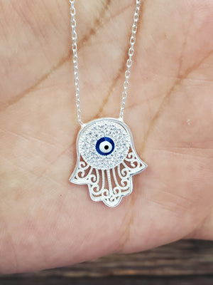 925 Sterling Silver Hamsa Evil Eye Cz Charm Necklace 17"