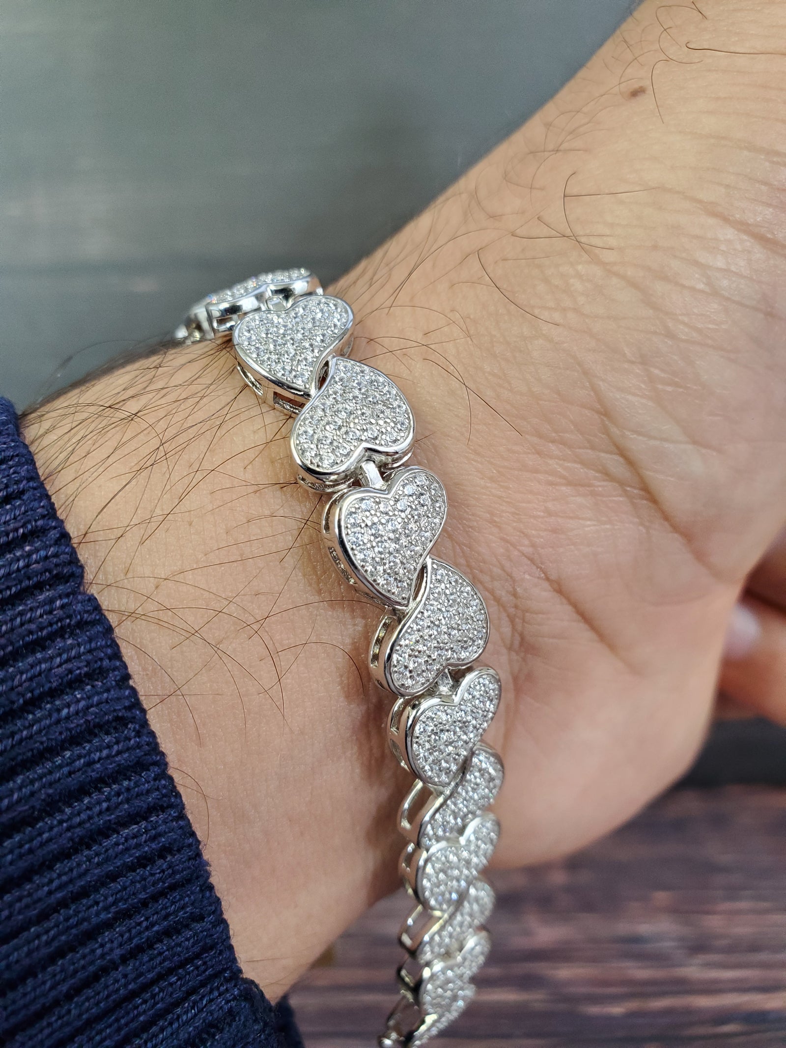 925 Solid Sterling Silver Heart Shape Cz Bracelet