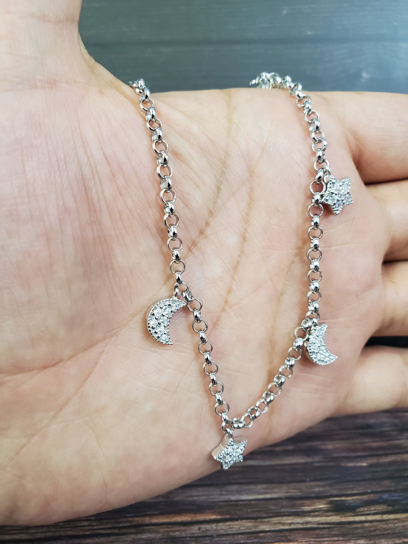 925 Sterling Silver Multi CZ Charm Cable Link Bracelet