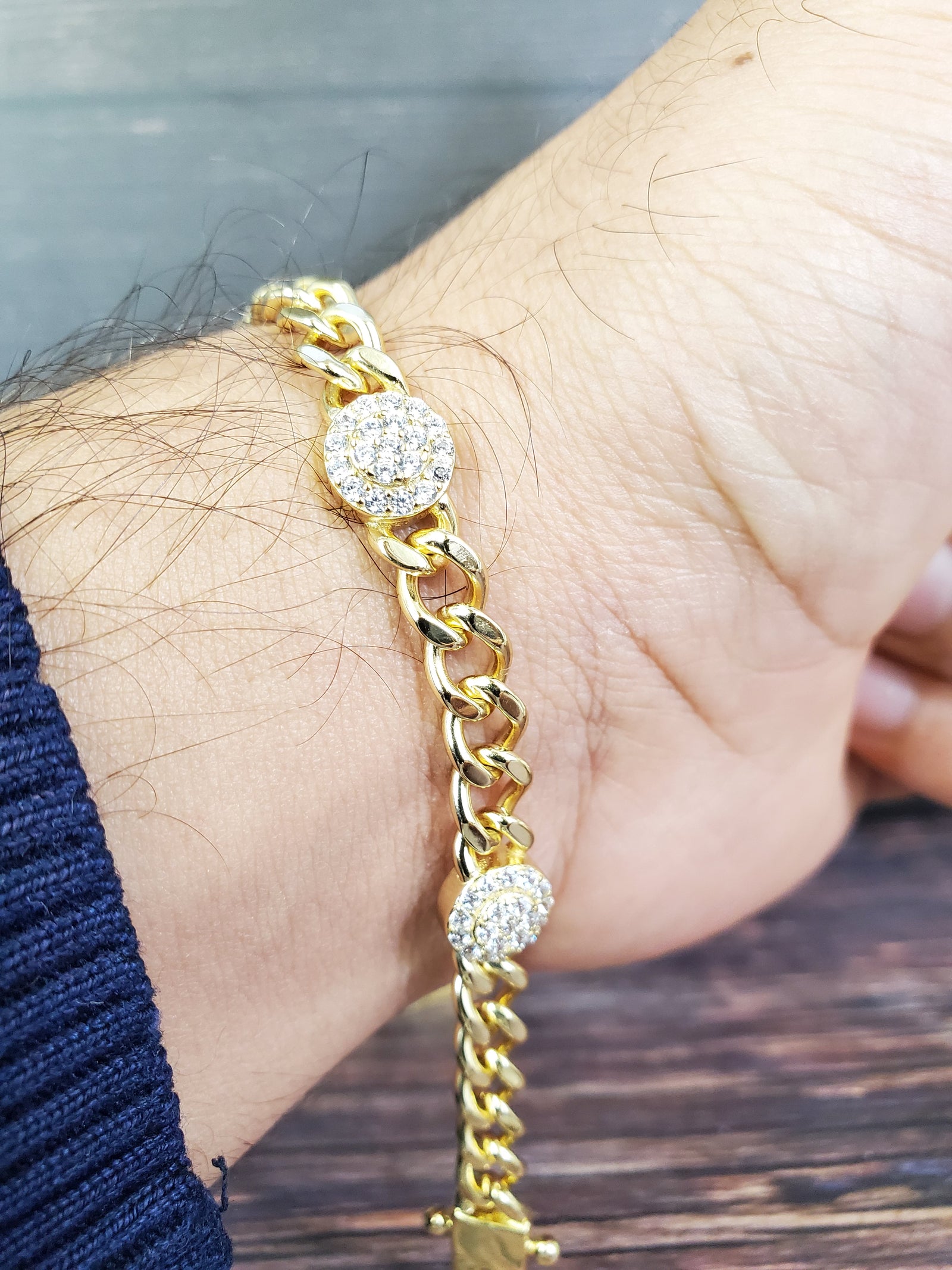 925 Sterling Silver Gold Fancy CZ Cuban Bracelet