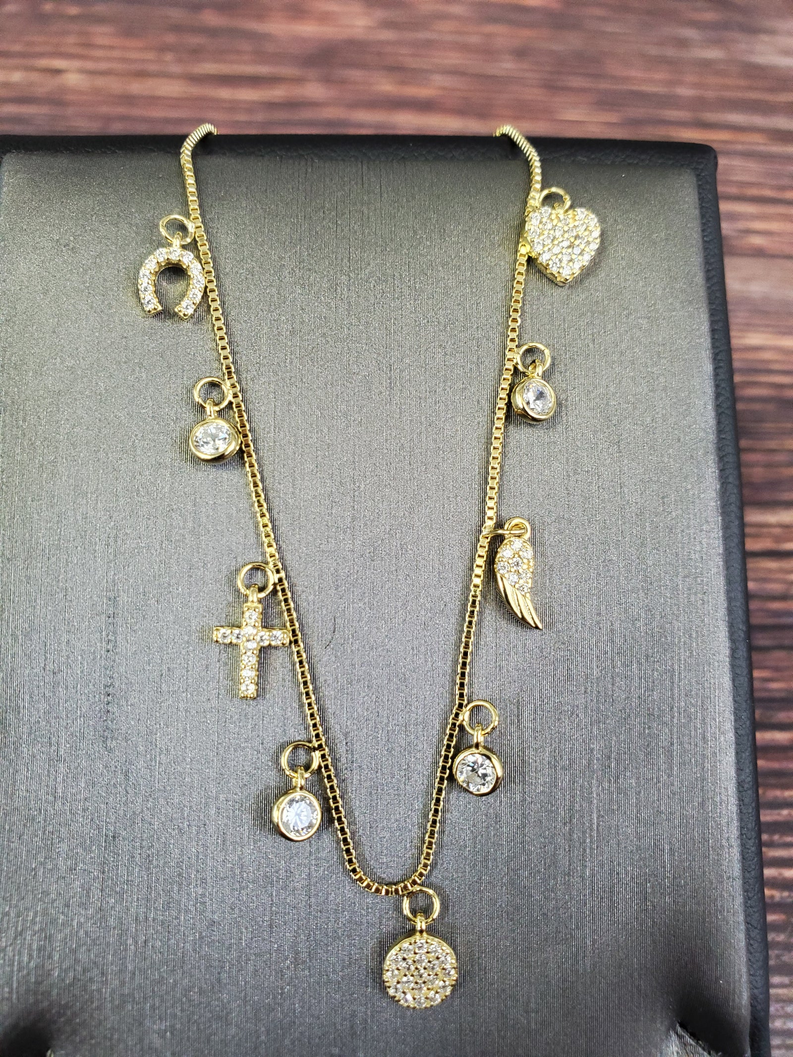 925 Sterling Silver Gold Plated Multi CZ Charm Box Link Bracelet