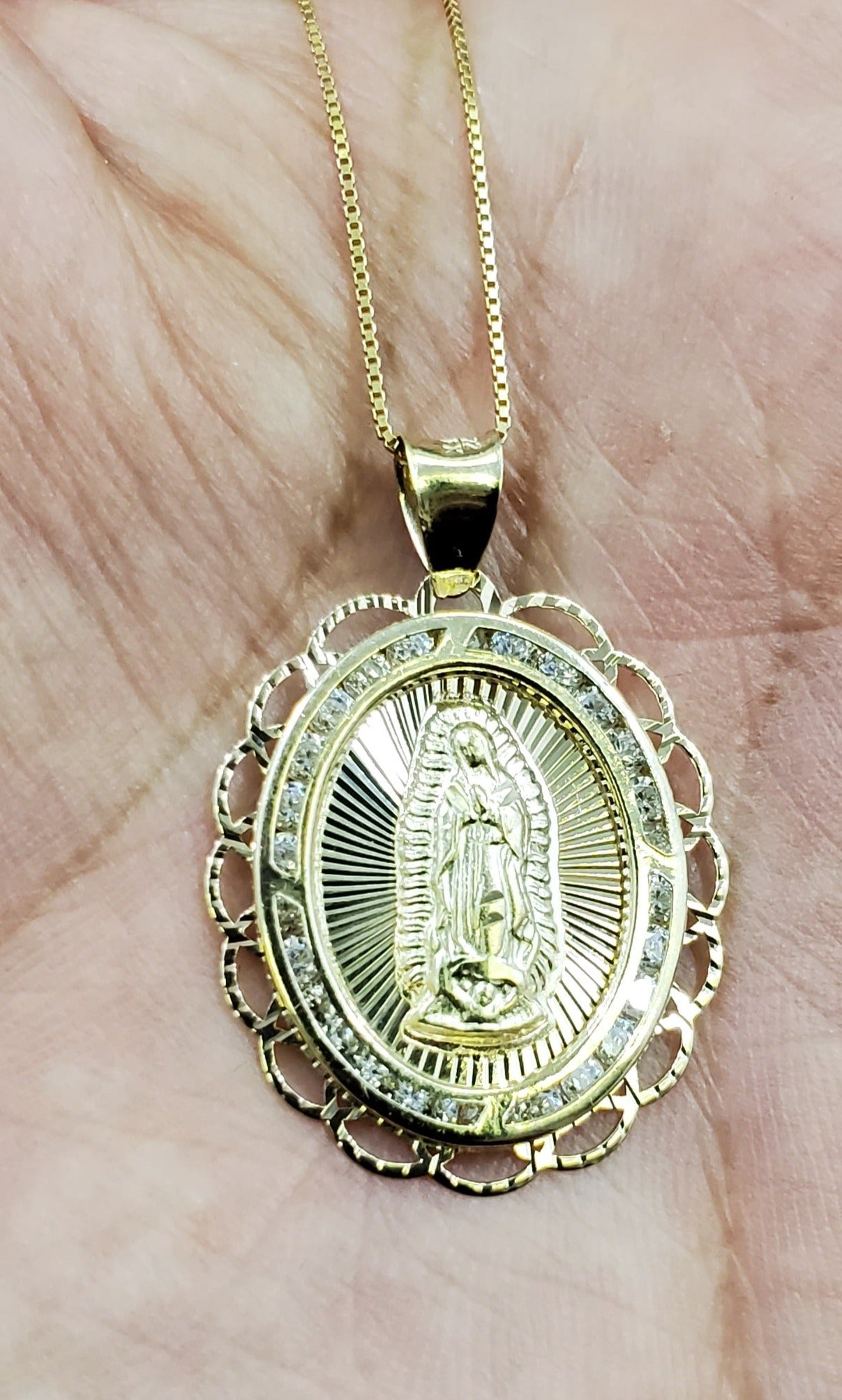 10K Solid Real Gold Mother Mary Oval CZ Charm with Box Chain