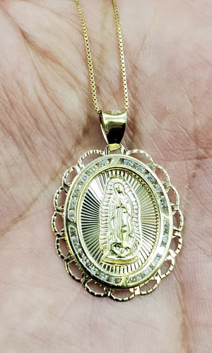 10K Solid Real Yellow Gold Mother Mary Round Cz Pendant Charm with Box Chain