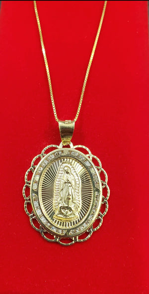 10K Solid Real Yellow Gold Mother Mary Round Cz Pendant Charm with Box Chain