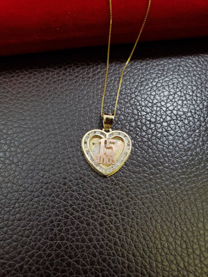 10K Solid Real Yellow Gold 15 Anos Heart Cz Pendant Charm with Box Chain