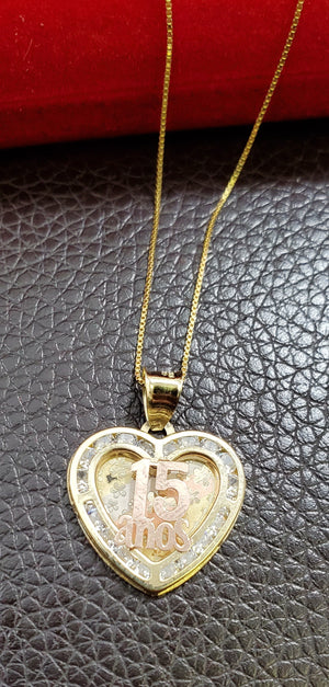 10K Solid Real Tri Color Gold 15 Anos Heart Cz Pendant Charm with Box Chain