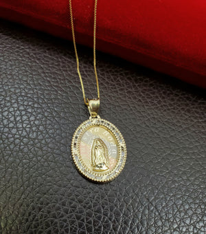 10K Solid Yellow Gold Mother Mary Round Cz Pendant Charm with Box Chain
