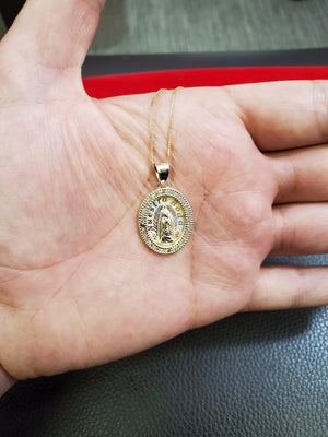 10K Solid Yellow Gold Mother Mary Round Cz Pendant Charm with Box Chain