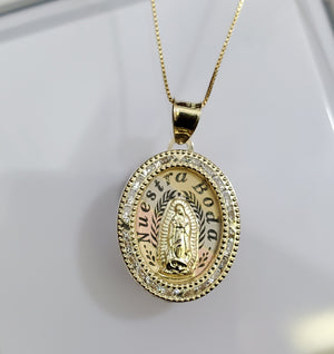 10K Solid Yellow Gold Mother Mary Round Cz Pendant Charm with Box Chain