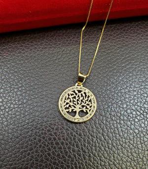 10K Solid Yellow Gold Tree Cz Pendant Charm with Box Chain