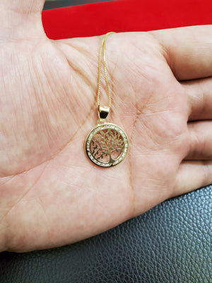 10K Solid Yellow Gold Tree Cz Pendant Charm with Box Chain