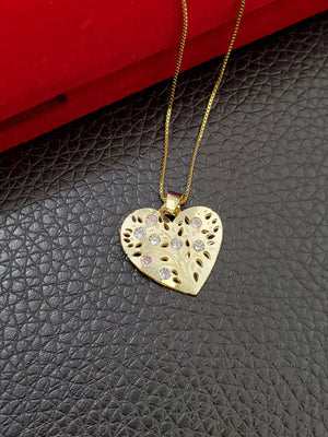 10K Solid Real Yellow Gold Cz Heart Pendant Charm with Box Chain