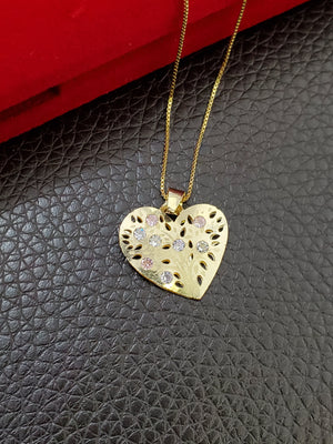 10K Solid Real Yellow Gold Cz Heart Pendant Charm with Box Chain