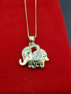 10K Solid Real Yellow Gold Elephant Cz Pendant Charm with Box Chain