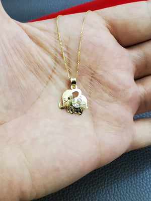10K Solid Real Yellow Gold Elephant Cz Pendant Charm with Box Chain