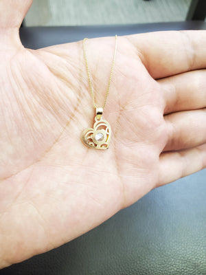 10K Solid Real Yellow Gold Heart Cz Pendant Charm with Box Chain
