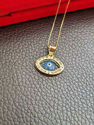 10K Solid Real Yellow Gold Evil Eye Cz Pendant Charm with Box Chain