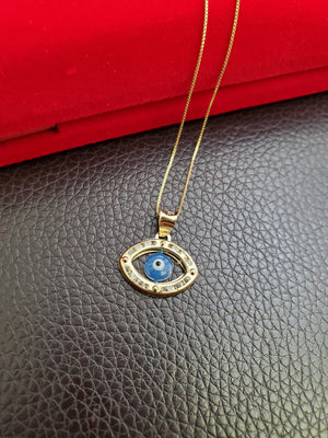 10K Solid Real Yellow Gold Evil Eye Cz Pendant Charm with Box Chain