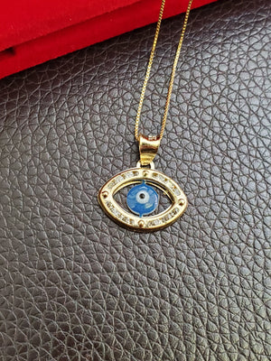 10K Solid Real Yellow Gold Evil Eye Cz Pendant Charm with Box Chain