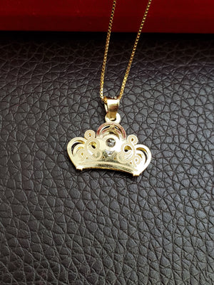 10K Real Yellow Gold CZ Crown Pendant Charm with Box Chain