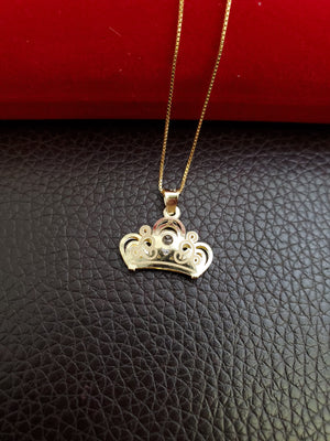 10K Real Yellow Gold CZ Crown Pendant Charm with Box Chain