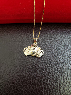 10K Real Yellow Gold CZ Crown Pendant Charm with Box Chain