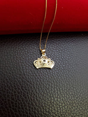 10K Real Yellow Gold CZ Crown Pendant Charm with Box Chain