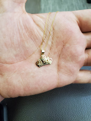 10K Real Yellow Gold CZ Crown Pendant Charm with Box Chain