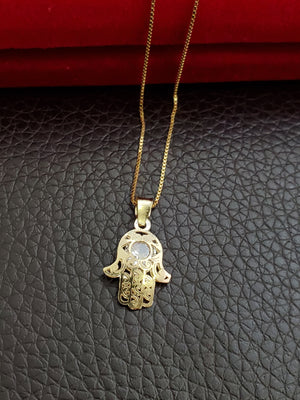 10K Solid Real Yellow Gold Hamsa Cz Pendant Charm with Box Chain