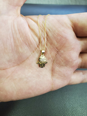 10K Solid Real Yellow Gold Hamsa Cz Pendant Charm with Box Chain