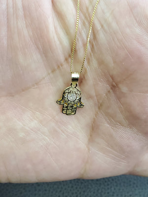 10K Solid Real Yellow Gold Hamsa Cz Pendant Charm with Box Chain