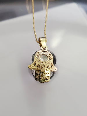 10K Solid Real Yellow Gold Hamsa Cz Pendant Charm with Box Chain
