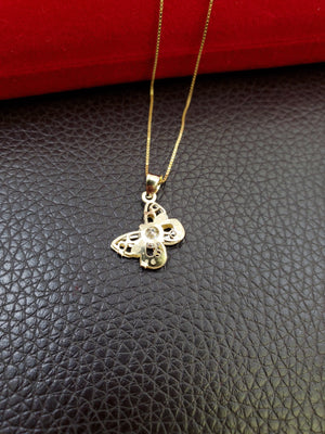 10K Solid Real Yellow Gold Butterfly Cz Inside Pendant Charm with Box Chain