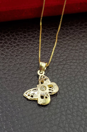 10K Solid Real Yellow Gold Butterfly Cz Inside Pendant Charm with Box Chain
