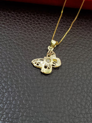 10K Solid Real Yellow Gold Butterfly Cz Inside Pendant Charm with Box Chain