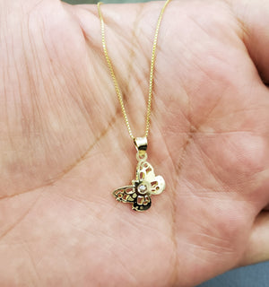 10K Solid Real Yellow Gold Butterfly Cz Inside Pendant Charm with Box Chain