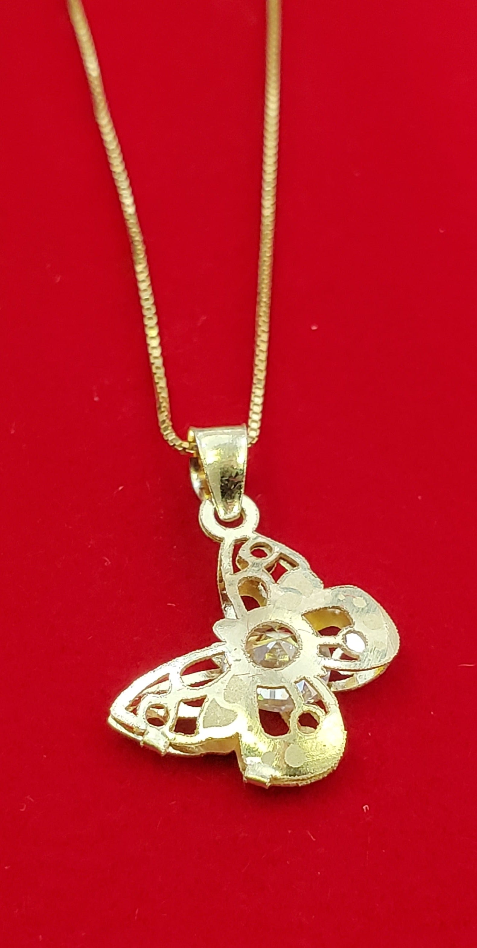 10K Solid Real Yellow Gold Butterfly Cz Inside Pendant Charm with Box Chain