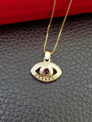 10K Solid Real Yellow Gold Evil Eye Blue, Red & White Cz Pendant Charm with Box Chain
