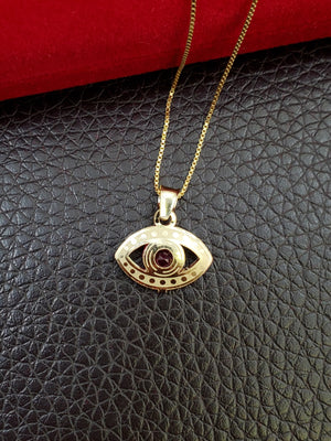 10K Solid Real Yellow Gold Evil Eye Blue, Red & White Cz Pendant Charm with Box Chain
